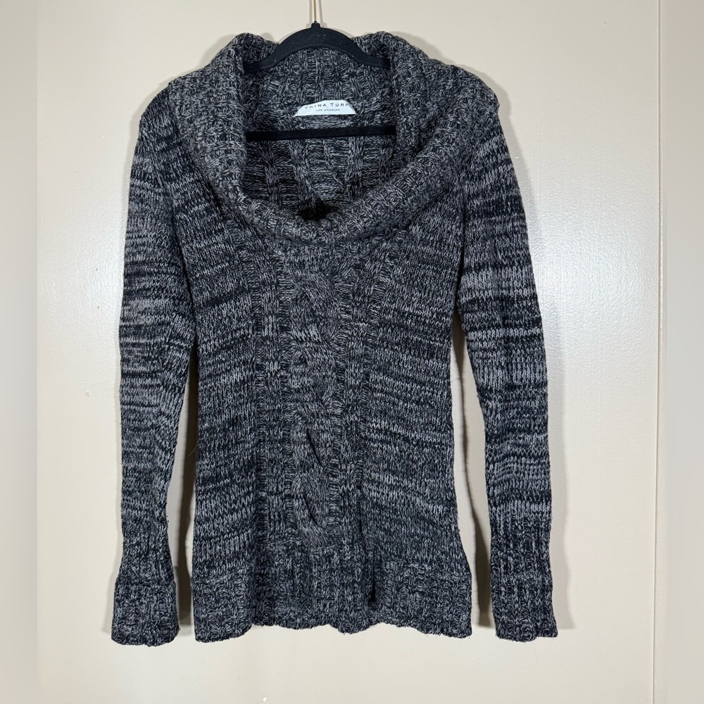 Trina Turk 100% Wool Cowl Neck Cable Knit Gray Heathered Sweater Dress Small